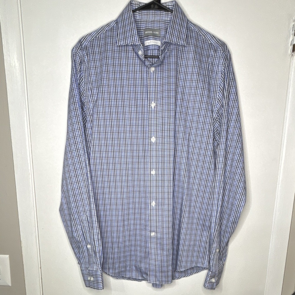 Michael Kors Travel Stretch Slim Blue/White Check Dress Shirt 16 34/35 0075‎